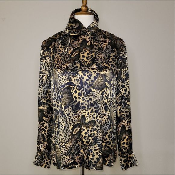 Escada Tops - 𝅺ESCADA Margaretha Ley Gold & Black Animal Print Silk Collared Blouse - sz. M/L